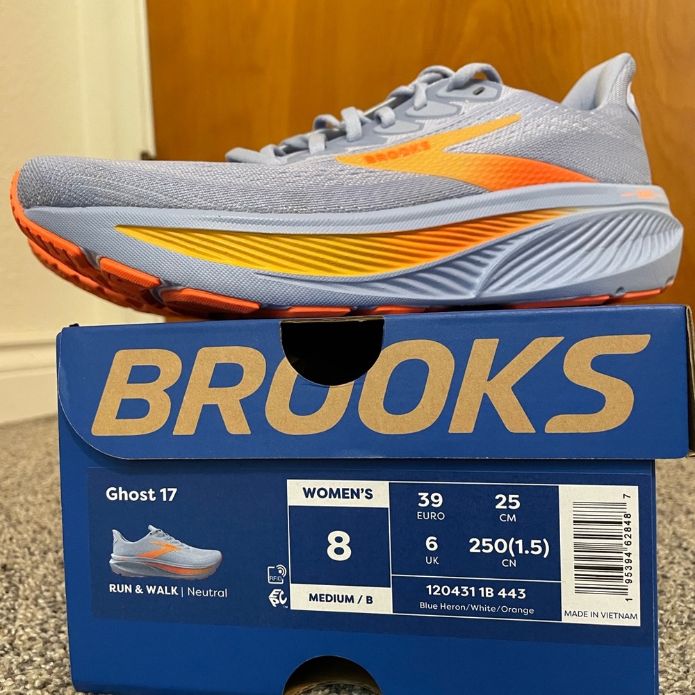 Brooks Ghost 17 Blue Running Shoes with Orange and Yellow Accents